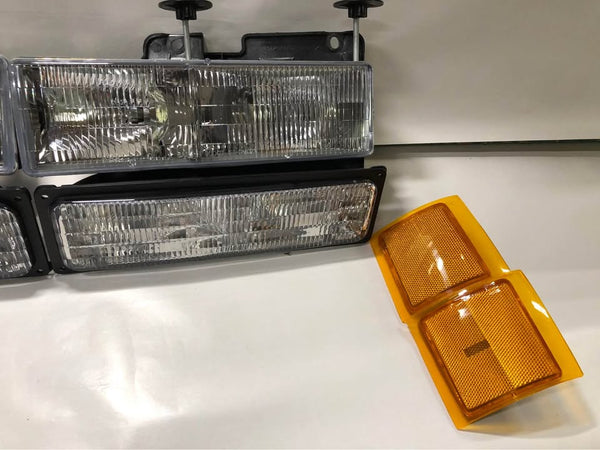 94-00 Chevy C10 C/K Tahoe Chrome Headlights Amber Corner+Bumper Lamps Pair